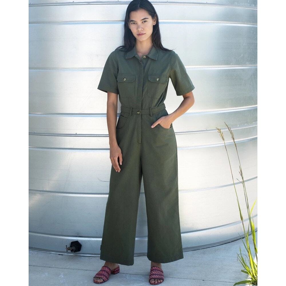 HarperSage Utility Jumpsuit Women's Medium Olive Green Wide Leg Button Front